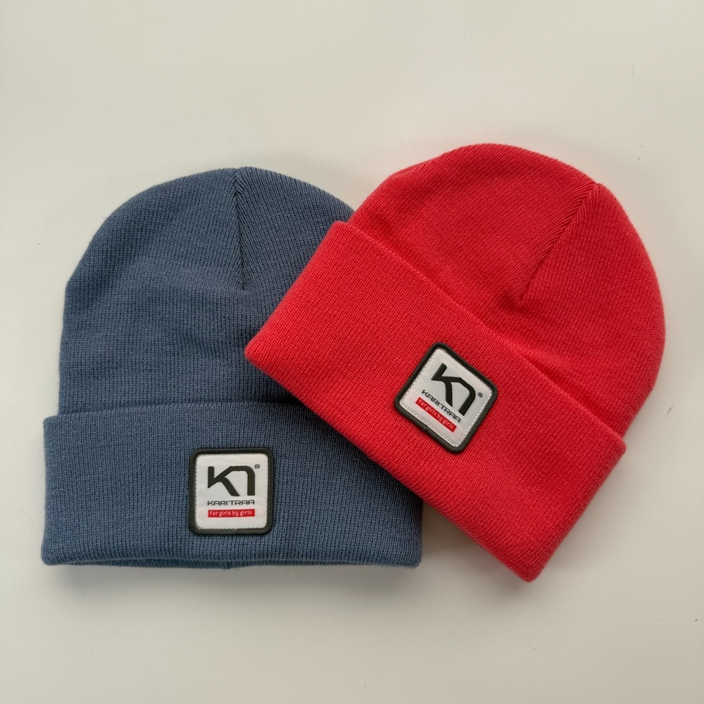 KARI TRAA Hat Bundle 2 Pink & Blue Roll Up Basic Knit Beanie Cap KT Patch NWOT